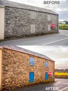 Before and after images of the rear shutters on and old stone building