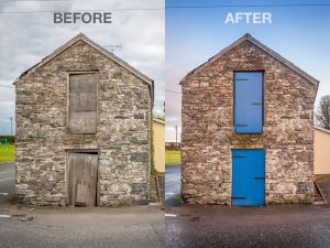 Before and after images of wooden tricoya doors on a stone building